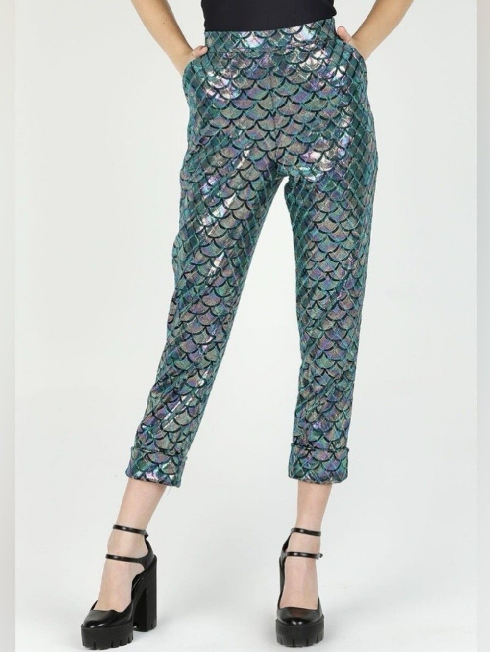 Blackmilk Original Ocean Velvet Mermaid Scale High Waist Cuffed Pants Small